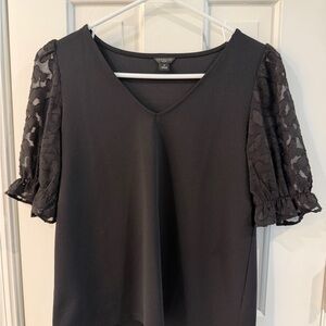 Ann Taylor Black V-Neck Blouse with Textured Puff Sleeves
